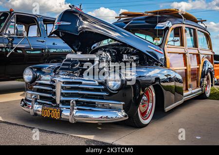 Daytona Beach, FL - November 28, 2020: Low perspective front corner view of a 1948 Chevrolet Fleetmaster Woody Station Wagon at a local car show. Stock Photo