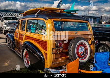 Daytona Beach, FL - November 28, 2020: High perspective rear corner view of a 1948 Chevrolet Fleetmaster Woody Station Wagon at a local car show. Stock Photo