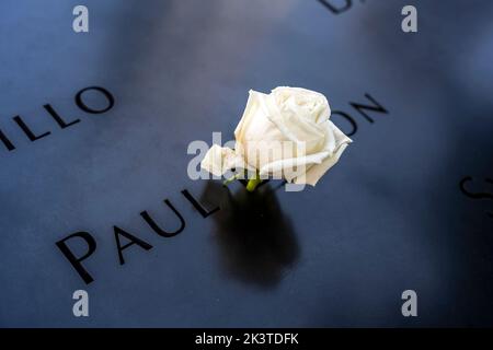 White rose left on the parapet boarding the pool of the National September 11 Memorial & Museum, Manhattan, New York, USA Stock Photo
