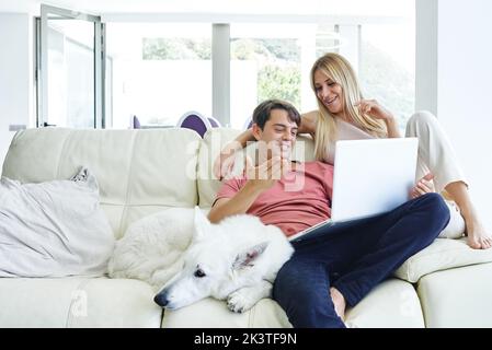 Couple sitting on sofa with White Swiss Shepherd dog and having video chat on laptop at home Stock Photo