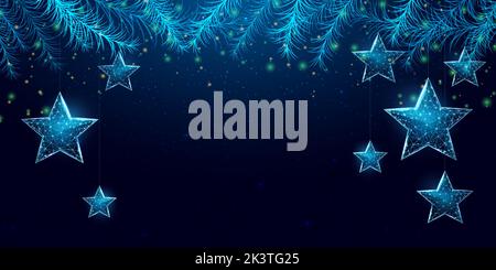 Wireframe Christmas stars and Christmas tree branches, low poly style. New Year banner. Abstract modern 3d vector illustration on blue background. Stock Vector
