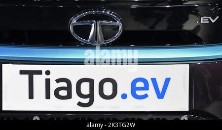 Mumbai, India. 28th Sep, 2022. Tata Tiago electric car logo seen during the launch. The company offered an introductory price of Rs.8.49 lakh to first 10,000 customers after it was officially unveiled and launched in Mumbai. (Photo by Ashish Vaishnav/SOPA Images/Sipa USA) Credit: Sipa USA/Alamy Live News Stock Photo