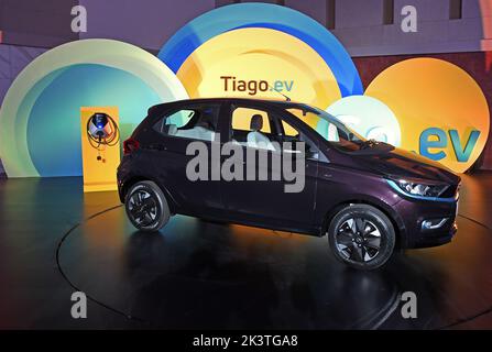 Mumbai, India. 28th Sep, 2022. Tata Tiago electric car seen during the launch. The company offered an introductory price of Rs.8.49 lakh to first 10,000 customers after it was officially unveiled and launched in Mumbai. (Photo by Ashish Vaishnav/SOPA Images/Sipa USA) Credit: Sipa USA/Alamy Live News Stock Photo