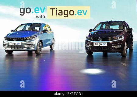 Mumbai, India. 28th Sep, 2022. Tata Tiago electric cars seen during the launch. The company offered an introductory price of Rs.8.49 lakh to first 10,000 customers after it was officially unveiled and launched in Mumbai. (Photo by Ashish Vaishnav/SOPA Images/Sipa USA) Credit: Sipa USA/Alamy Live News Stock Photo