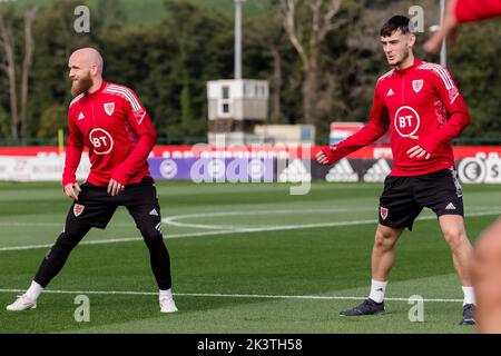 PONTYCLUN, WALES - 20 SEPTEMBER 2022: Wales' Jonny Williams  and Wales' Dylan Levitt during a training session at the vale resort ahead of the league Stock Photo