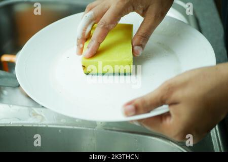 women hand cleaning plate with a sponge  Stock Photo