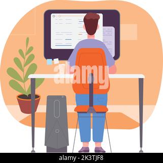Programmer workplace back view. Man working on computer isolated on white background Stock Vector