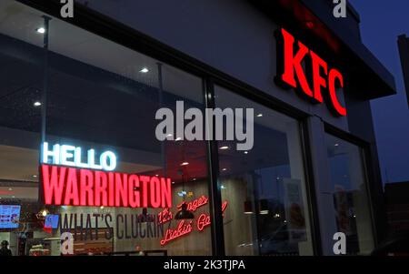 Hello Warrington, KFC , Kentucky Fried Chicken at Latchford, Kingsway South, Latchford, Warrington, Cheshire, England, UK,  WA4 1LT Stock Photo