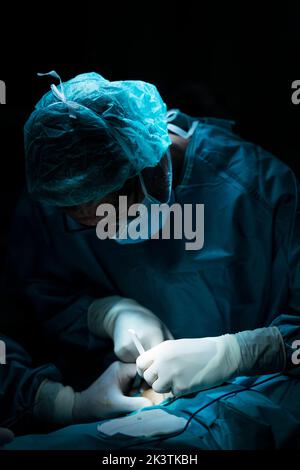 Surgeons conducting surgery on patient Stock Photo