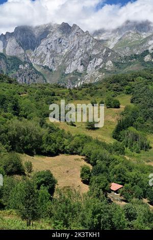 Eastern Massif of the Picos de Europa, northern Spain, from near the Puertos de Ullances on the path rising from Potes and Turieno. Stock Photo