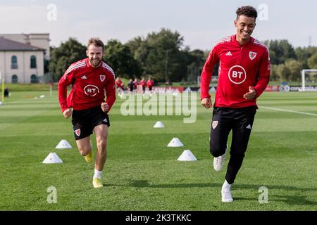 PONTYCLUN, WALES - 20 SEPTEMBER 2022: Wales' Rhys Norrington-Davies and Wales' Brennan Johnson  during a training session at the vale resort ahead of Stock Photo