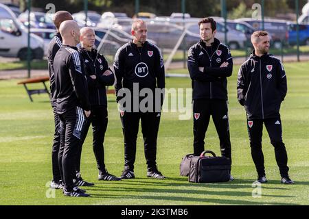 PONTYCLUN, WALES - 20 SEPTEMBER 2022: Wales’ Physiotherapist Sean Connelly, Wales’ Chiropractor Matthew Rabin, Wales’ Masseur Paul Harris, Wales’ Phys Stock Photo