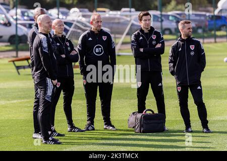 PONTYCLUN, WALES - 20 SEPTEMBER 2022: Wales’ Physiotherapist Sean Connelly, Wales’ Chiropractor Matthew Rabin, Wales’ Masseur Paul Harris, Wales’ Phys Stock Photo