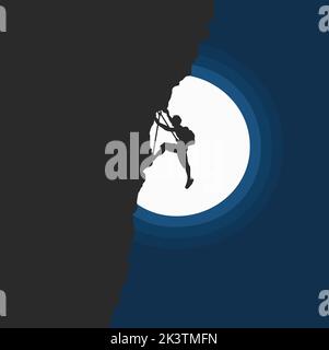 Man climbing rock overhang. Mountains and forest in the background. Illustration. Stock Photo