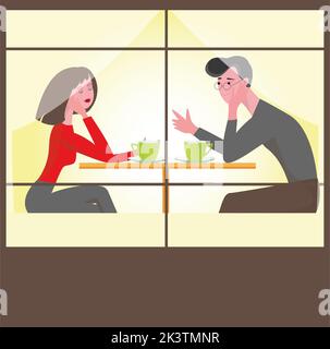 Loving couple is drinking coffee in a cafe. A man and a woman are sitting at a table in a cozy restaurant. Vector illustration in a flat style Stock Photo