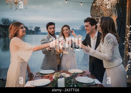 Bride and groom doing a toast with guy and ladies in evening wear, decorations,tree and lake Stock Photo