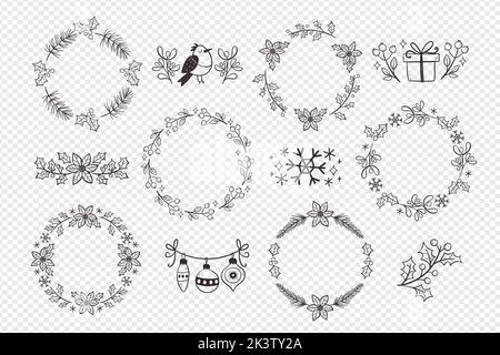 Winter doodle decorative arrangements. Collection of wreath and cute dividers isolated on light background. Seasonal floral decoration. Vector illustr Stock Vector