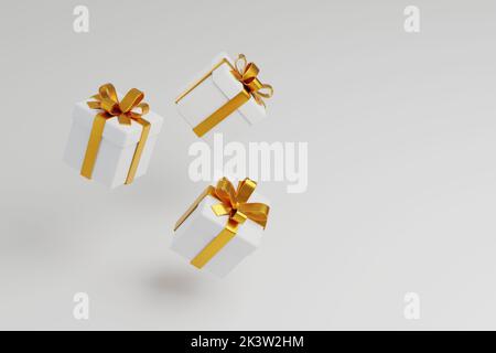 3D Rendering Gift boxes on white background with copy space. Group of white gift boxes with golden bow and ribbon. Gift box reward, celebration, and d Stock Photo