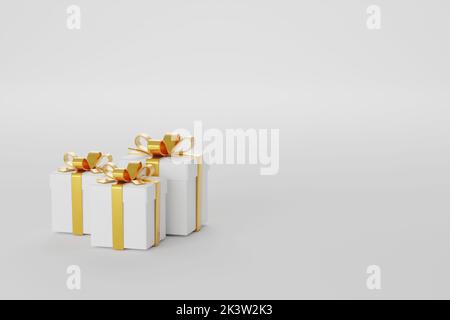 3D Rendering Gift boxes on white background with copy space. Group of white gift boxes with golden bow and ribbon. Gift box reward, celebration, and d Stock Photo