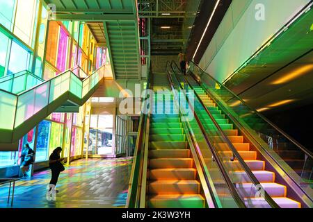 MONTREAL, CANADA -14 SEP 2022- View of colorful glass panes on the Palais des Congres convention and exhibition center in Montreal, Canada. Stock Photo