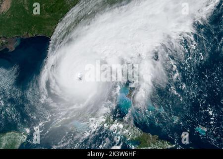 Hurricane Ian in the Gulf of Mexico Wednesday morning, September 28, 2022, just prior to landfall on the Southwest Florida Coast over Sanibel and Captiva Islands with 155 mph winds, just 2 mph under a Category 5 designation. (USA) Stock Photo