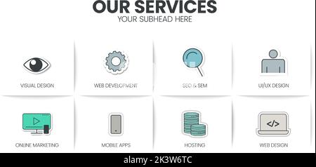 Modern creative of our services banner template with 6 options such as visual design, web development, SEO SEM, UI UX design, online marketing, mobile Stock Vector
