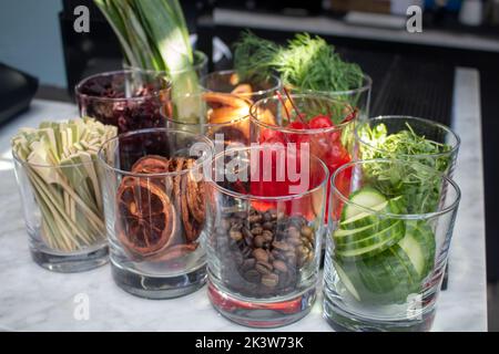 Condiments for bar drings in various glasses Stock Photo