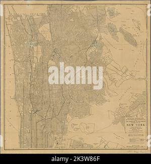 Map of the northern part of the borough of Manhattan and the borough of the Bronx of the city of New York ; Map of the southern part of the borough of Manhattan of the city of New York : prepared expressly for the Trow Directory, Printing and Bookbinding Co. ... by the Matthews-Northrup Works, Buffalo, N.Y. Trow Directory, Printing and Bookbinding Company. Cartographic. Maps. 1908. Lionel Pincus and Princess Firyal Map Division. Manhattan (New York, N.Y.), Bronx (New York, N.Y.), Brooklyn (New York, N.Y.), Queens (New York, N.Y.), New York (N.Y.), Hoboken (N.J.), Jersey City (N.J.), Manhattan Stock Photo