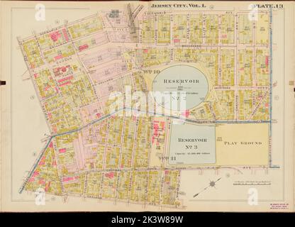 Hudson County, V. 1, Double Page Plate No. 13 Map bounded by Germania Ave., Manhattan Ave., Oakland Ave., Newark Ave. Cartographic. Atlases, Maps. 1908 - 1909. Lionel Pincus and Princess Firyal Map Division. Jersey City (N.J.), Hudson County (N.J.) Stock Photo