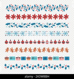 Winter decorative border collection. Seamless borders with christmas elements, seasonal flowers and snowflakes. Isolated elements. Vector illustration Stock Vector