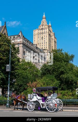 19.09.2022 145-146 Central Park West, New York, USA, Pleasure carriage in front of the San Remo building in Central Park New York Stock Photo
