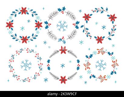 Winter wreath collection. Six seasonal floral decorative wreaths, perfect for bullet journals and frames. Isolated vector elements. Stock Vector