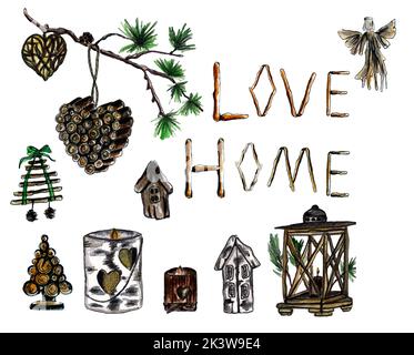 watercolor set of Christmas wooden decorations: pine branches with woden heart, Love Home inscription, wooden flashlight and candle holder,New year Stock Photo