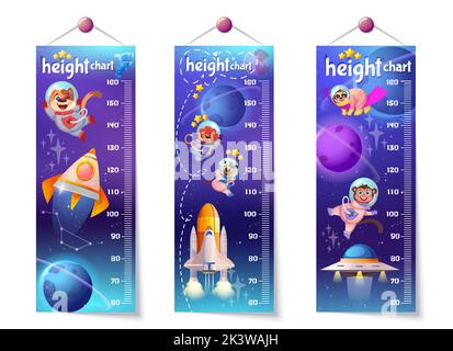 Flat height growth chart for kids with cute astronaut animals, space rocket and planets. Child wall meter, children measuring ruler with happy dogs, monkey and sloth in cosmic galaxy with starts. Stock Vector