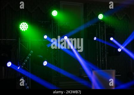 multiple spotlights on a theatre stage lighting rig Stock Photo