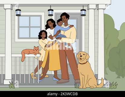 Flat smiling parents and kids hug standing on porch of countryside house with domestic pets. Happy family members embracing each other. Father and mother with baby son and daughter in front of cottage Stock Vector