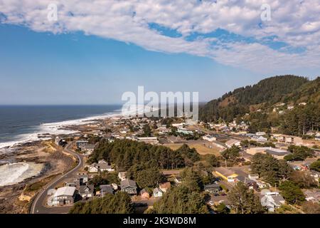 The town of Yachats at the central Oregon Coast.  Stock Photo