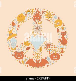 Retro frame with 70s style Halloween elements.  Stock Vector