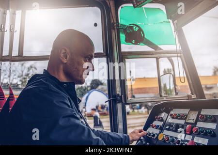 Tram driver runs the tram. Transport Stock Photo - Alamy