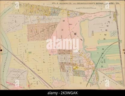 Hudson County, V. 2, Double Page Plate No. 20 Map bounded by Paterson Rd., Hackensack River Cartographic. Atlases, Maps. 1908 - 1909. Lionel Pincus and Princess Firyal Map Division. Jersey City (N.J.), Hudson County (N.J.) Stock Photo