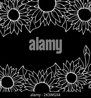 floral graphic border, white pattern on black background, greeting card, design Stock Photo
