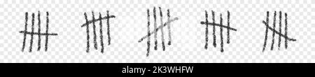 Charcoal tally marks isolated on transparent background. Set of day counting symbols. Four hand drawn sticks crossed out by slash line. Number 5 in unary numeral system. Vector realistic illustration Stock Vector