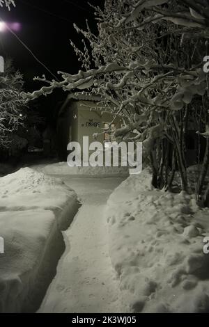 Snow-covered path to railway station Pyayve on the world's northernmost passenger train service between Murmansk & Nikel in the polar night; iced tree Stock Photo