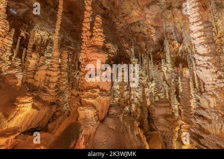 The Aven Armand chasm 100 meters underground where the largest known stalagmite in the world is 30 meters high. Hures-la-parade, Lozere, France. Stock Photo