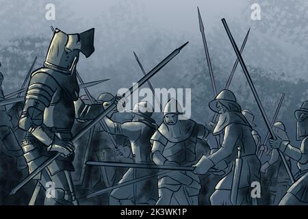 Warrior knight with medieval battle scene illustration in the background. Digital painting. Stock Photo