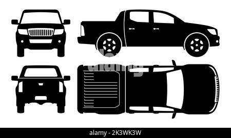 Pickup truck silhouette on white background. Vehicle icons set view from side, front, back, and top Stock Vector