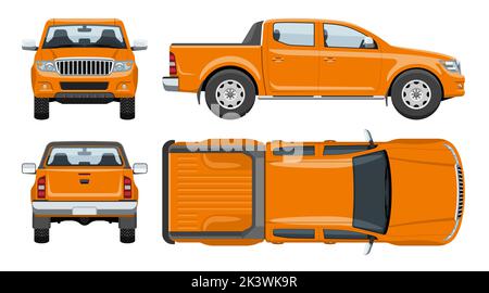 Pickup truck vector template simple colors without gradients and effects. View from side, front, back, and top Stock Vector