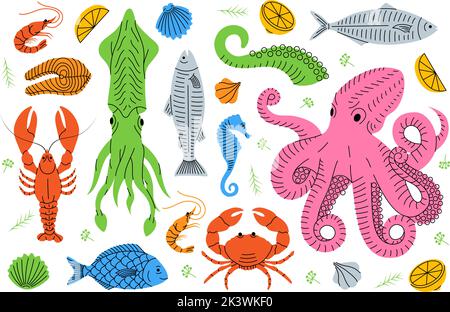 Set of seafood sketch. Sea animal colored line banner. Seafood meal menu illustration. Fishes, lobster, squid, octopus, crab, prawns, fish fillet. Stock Vector