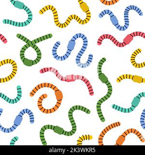 Curled earthworms seamless pattern. Colored worms background. Invertebrate crawling worms hand drawn pattern Stock Vector