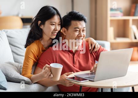 Loving asian spouses websurfing together, using computer Stock Photo